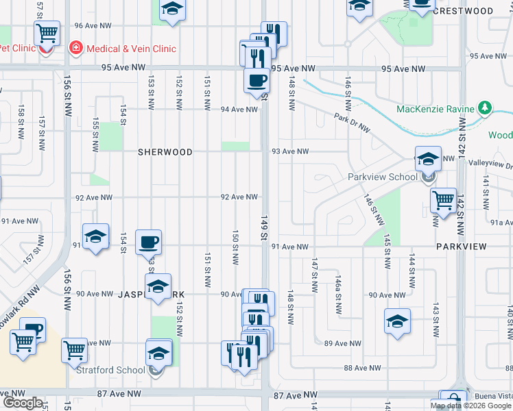 map of restaurants, bars, coffee shops, grocery stores, and more near 9140 149 Street in Edmonton