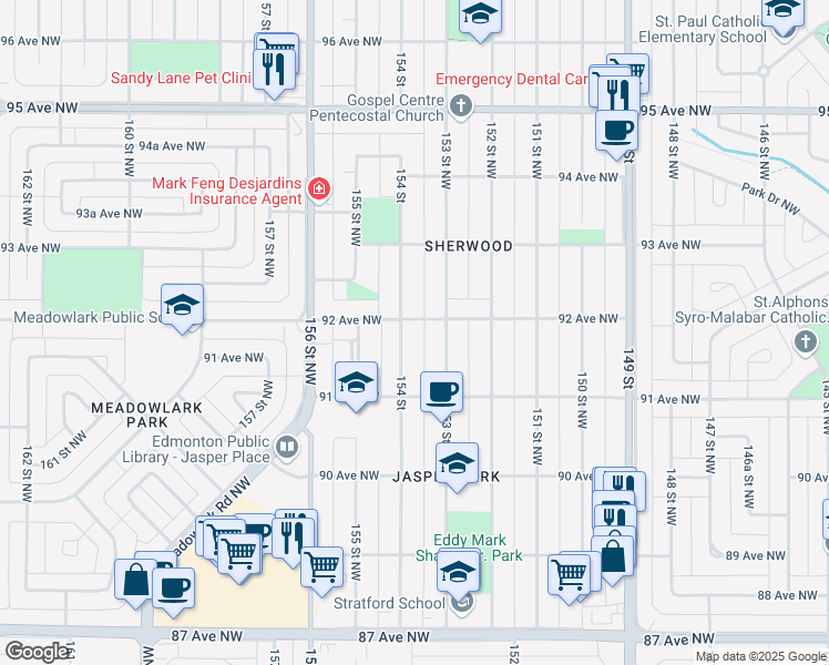 map of restaurants, bars, coffee shops, grocery stores, and more near 9136 153 Street Northwest in Edmonton