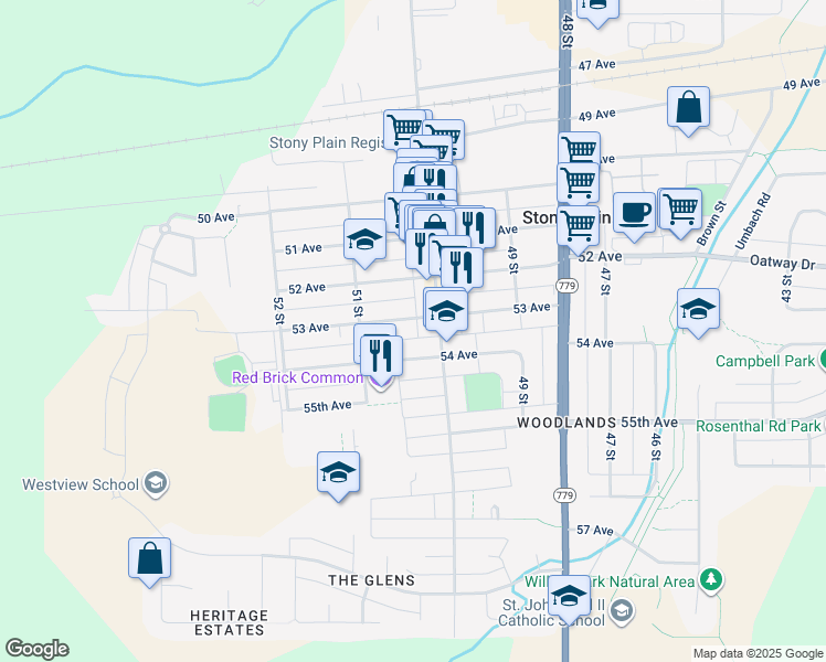 map of restaurants, bars, coffee shops, grocery stores, and more near 5005 54 Avenue in Stony Plain