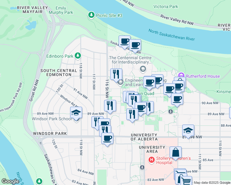 map of restaurants, bars, coffee shops, grocery stores, and more near 9105 116 Street Northwest in Edmonton