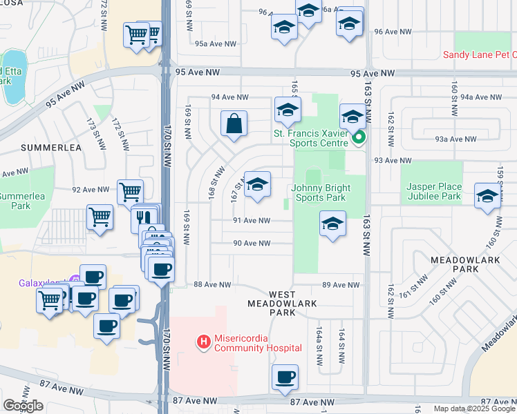 map of restaurants, bars, coffee shops, grocery stores, and more near 16604 91 Avenue Northwest in Edmonton