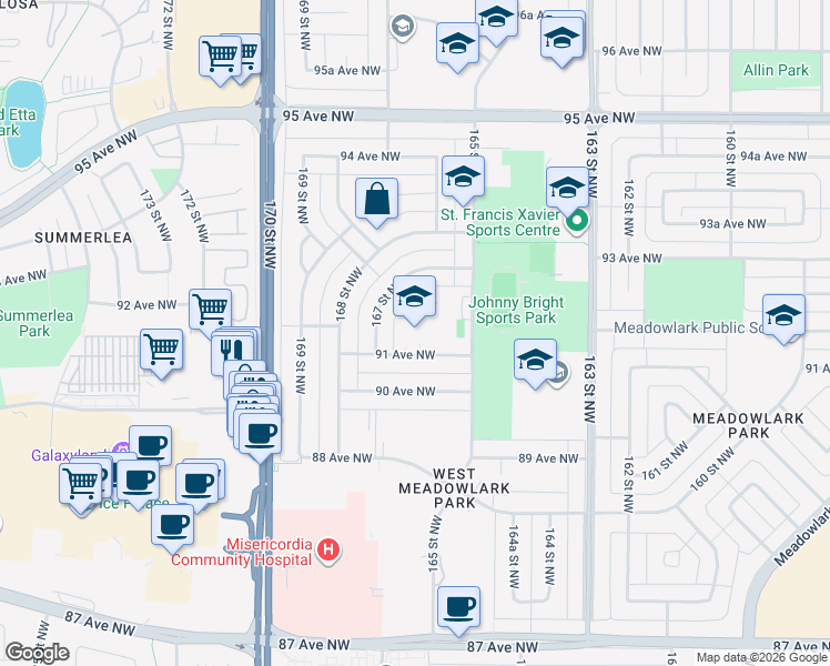 map of restaurants, bars, coffee shops, grocery stores, and more near 16604 91 Avenue Northwest in Edmonton