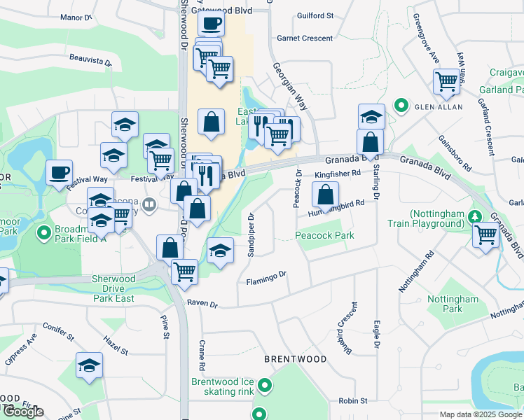 map of restaurants, bars, coffee shops, grocery stores, and more near 26 Oriole Crescent in Sherwood Park