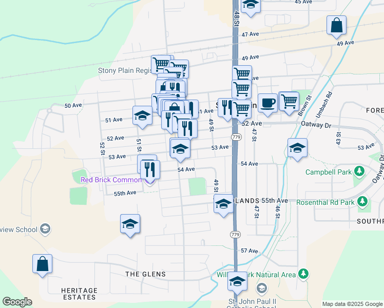 map of restaurants, bars, coffee shops, grocery stores, and more near in Stony Plain