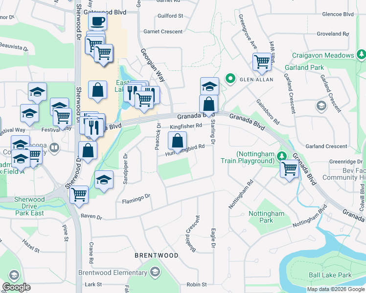 map of restaurants, bars, coffee shops, grocery stores, and more near 203 Kingfisher Bay in Sherwood Park