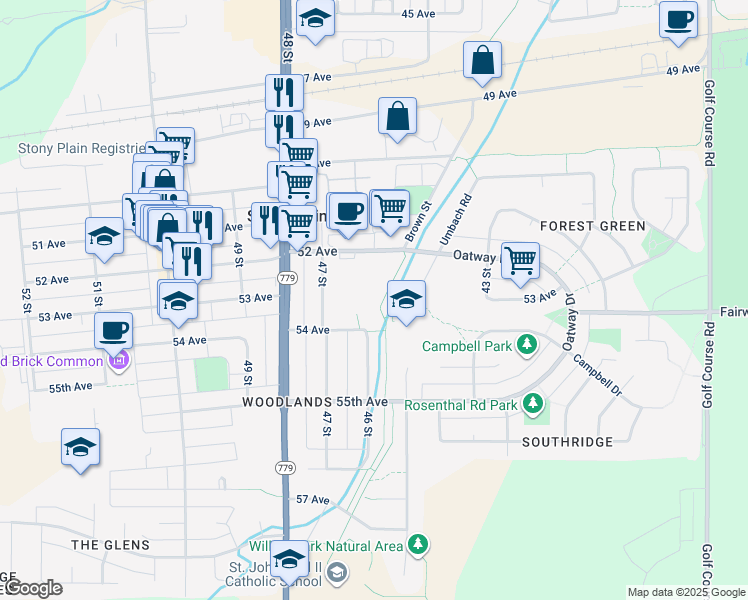 map of restaurants, bars, coffee shops, grocery stores, and more near 4608 52 Avenue in Stony Plain