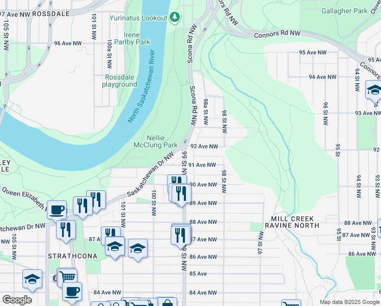 map of restaurants, bars, coffee shops, grocery stores, and more near 9205 99 Street Northwest in Edmonton