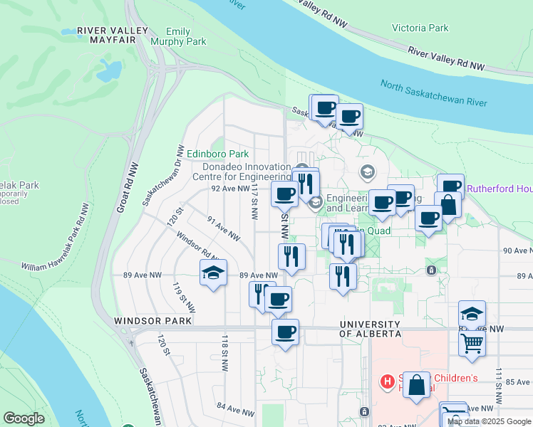 map of restaurants, bars, coffee shops, grocery stores, and more near 9131 117 Street Northwest in Edmonton