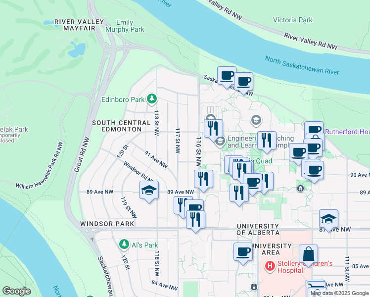 map of restaurants, bars, coffee shops, grocery stores, and more near 9131 117 Street Northwest in Edmonton