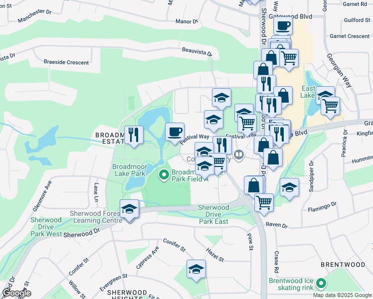 map of restaurants, bars, coffee shops, grocery stores, and more near 99 Festival Way in Sherwood Park