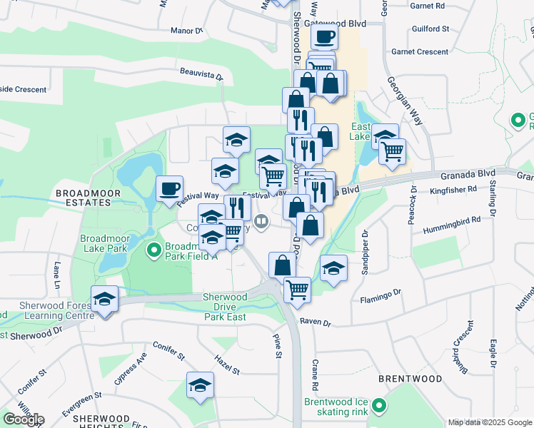 map of restaurants, bars, coffee shops, grocery stores, and more near 161 Festival Way in Sherwood Park