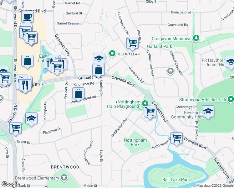 map of restaurants, bars, coffee shops, grocery stores, and more near 21 Swallow Avenue in Sherwood Park