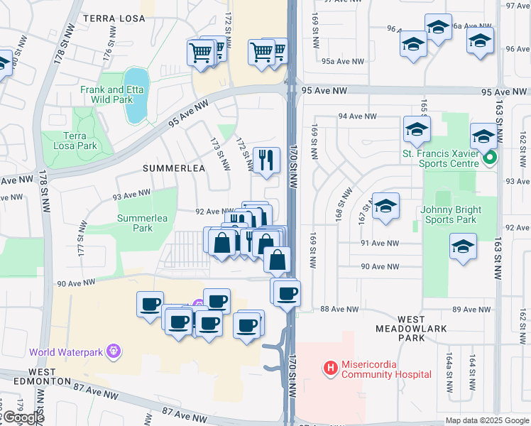 map of restaurants, bars, coffee shops, grocery stores, and more near 9279 172 Street Northwest in Edmonton