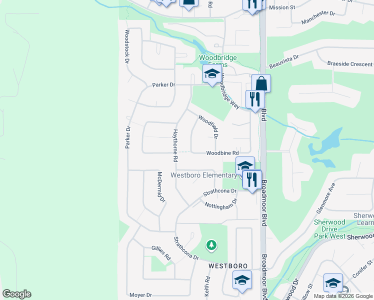 map of restaurants, bars, coffee shops, grocery stores, and more near 110 Woodbine Road in Sherwood Park
