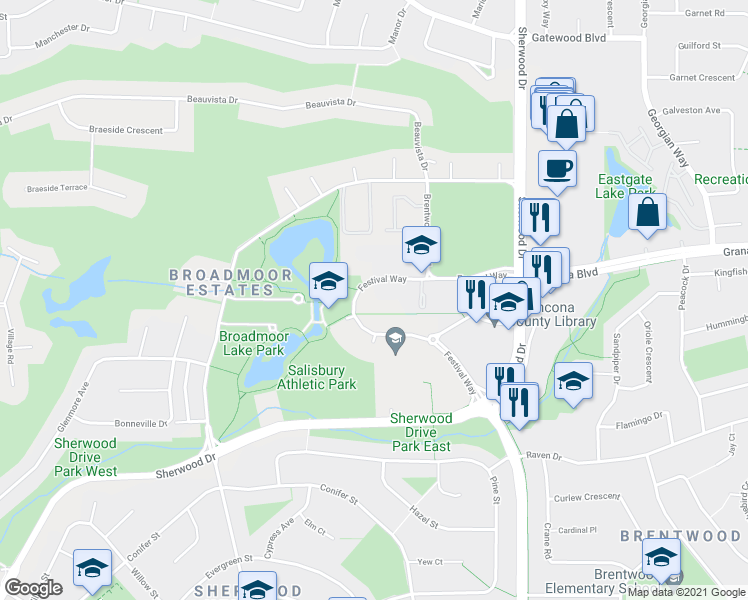 map of restaurants, bars, coffee shops, grocery stores, and more near 99 Festival Way in Sherwood Park