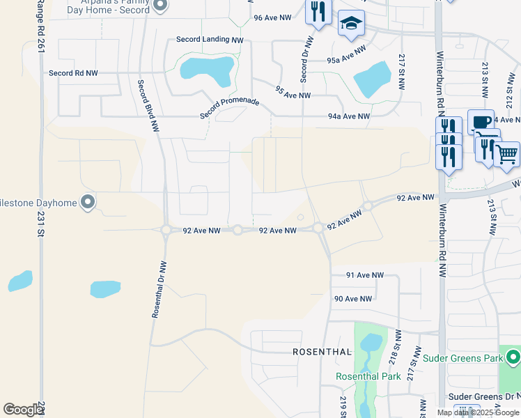 map of restaurants, bars, coffee shops, grocery stores, and more near 22139 93 Avenue Northwest in Edmonton