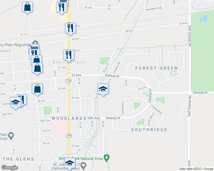 map of restaurants, bars, coffee shops, grocery stores, and more near 5209 45 Street in Stony Plain