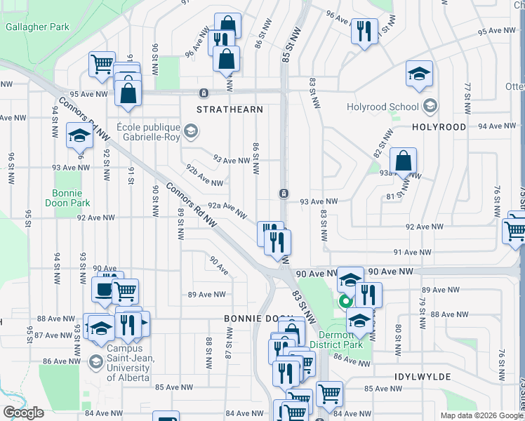 map of restaurants, bars, coffee shops, grocery stores, and more near 9233 86 Street Northwest in Edmonton
