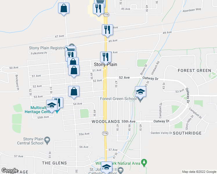 map of restaurants, bars, coffee shops, grocery stores, and more near 5209 48 Street in Stony Plain