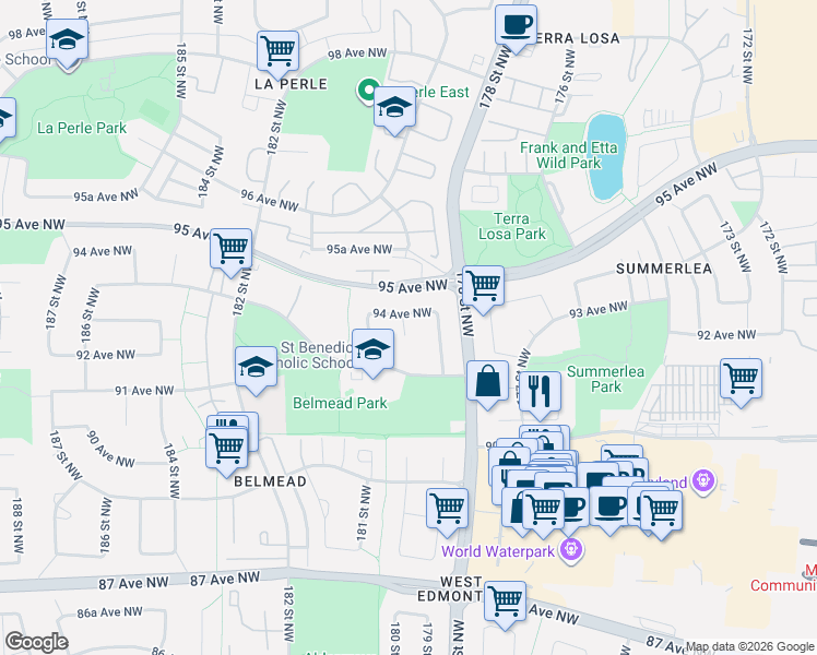 map of restaurants, bars, coffee shops, grocery stores, and more near 17914 94 Avenue Northwest in Edmonton