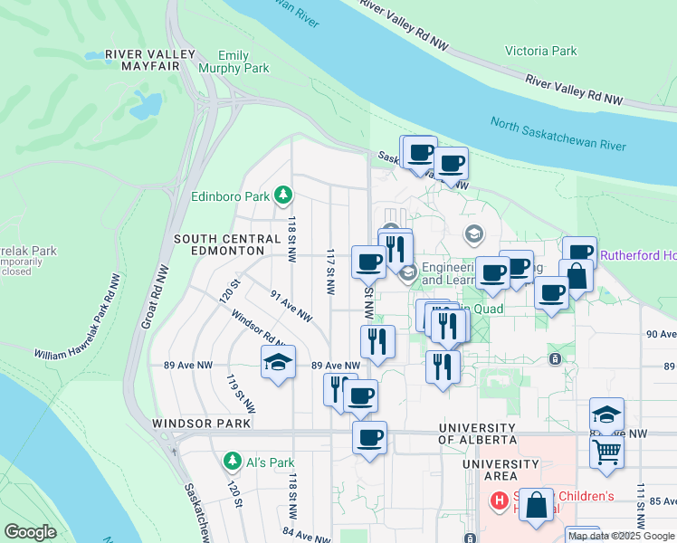 map of restaurants, bars, coffee shops, grocery stores, and more near 9131 117 Street Northwest in Edmonton
