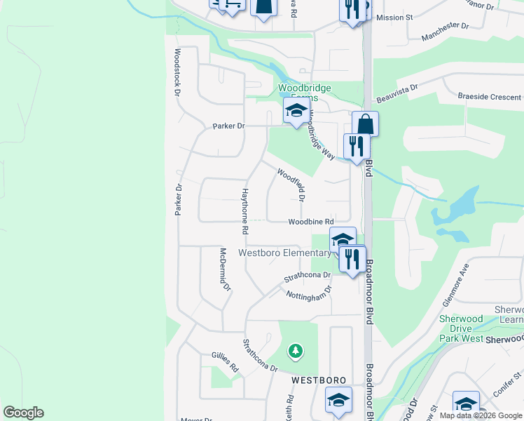 map of restaurants, bars, coffee shops, grocery stores, and more near 110 Woodbine Road in Sherwood Park
