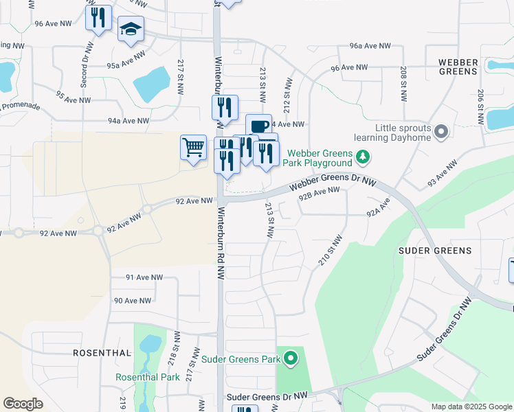 map of restaurants, bars, coffee shops, grocery stores, and more near 9240 Webber Greens Drive Northwest in Edmonton