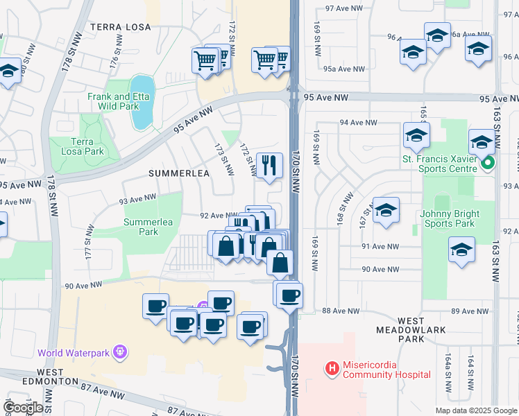 map of restaurants, bars, coffee shops, grocery stores, and more near 9279 172 Street Northwest in Edmonton