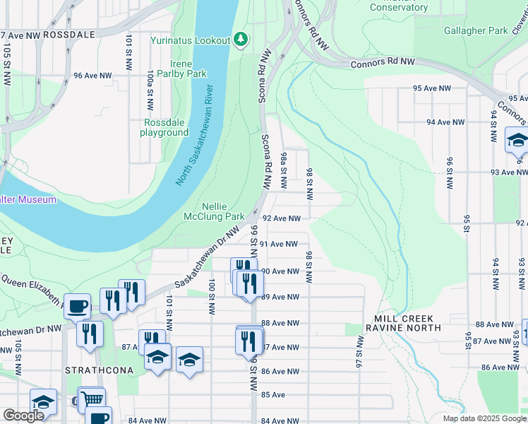 map of restaurants, bars, coffee shops, grocery stores, and more near 9205 99 Street Northwest in Edmonton