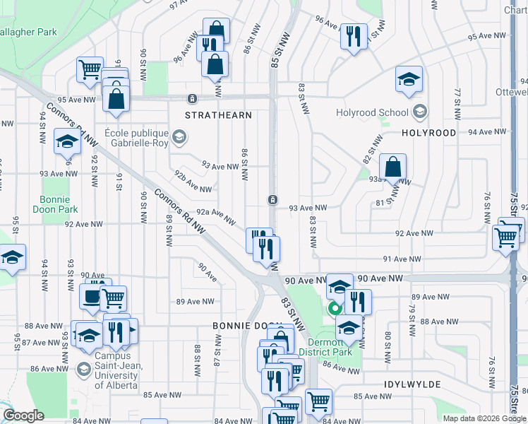 map of restaurants, bars, coffee shops, grocery stores, and more near 9233 86 Street Northwest in Edmonton