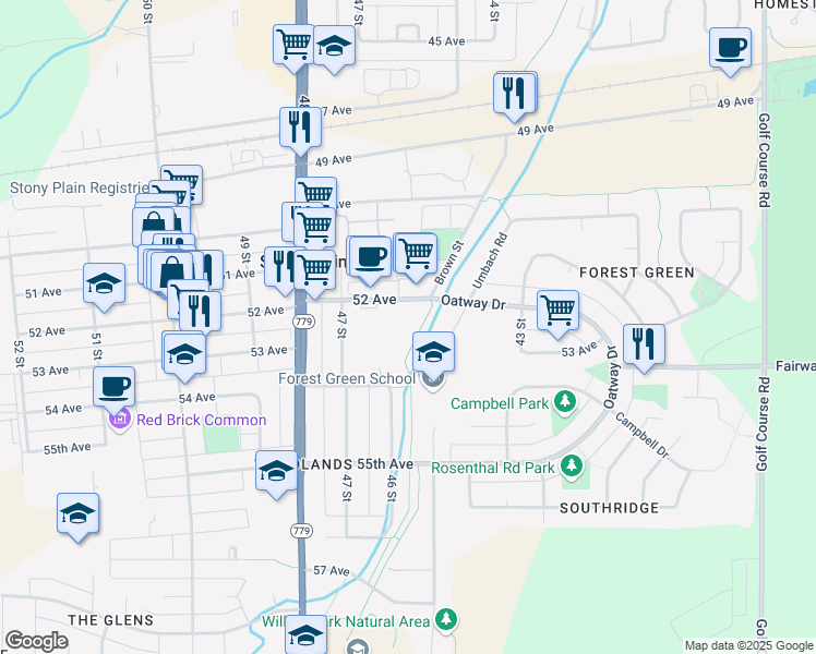 map of restaurants, bars, coffee shops, grocery stores, and more near 5209 45 Street in Stony Plain