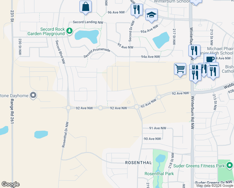 map of restaurants, bars, coffee shops, grocery stores, and more near 22103 93 Avenue Northwest in Edmonton