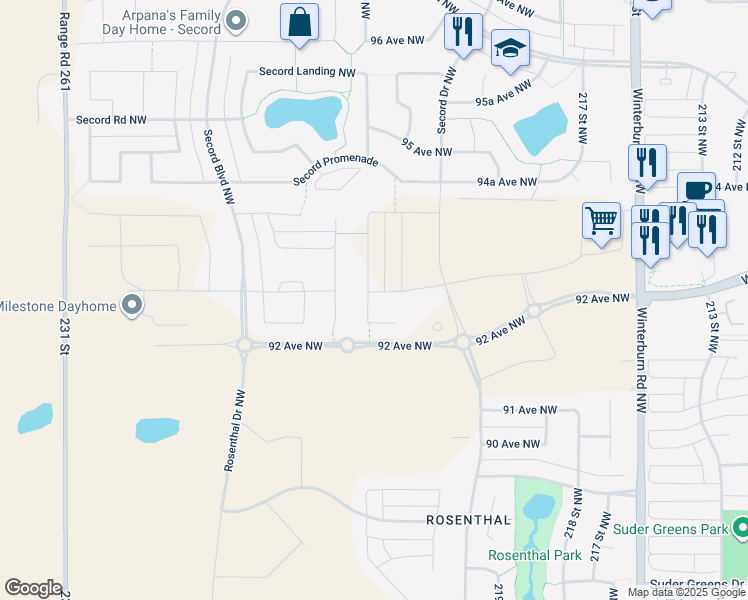 map of restaurants, bars, coffee shops, grocery stores, and more near 22139 93 Avenue Northwest in Edmonton