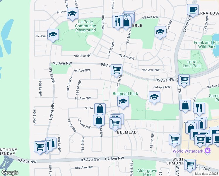 map of restaurants, bars, coffee shops, grocery stores, and more near 18319 93 Avenue Northwest in Edmonton