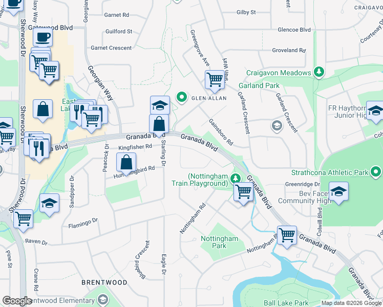 map of restaurants, bars, coffee shops, grocery stores, and more near 21 Swallow Avenue in Sherwood Park
