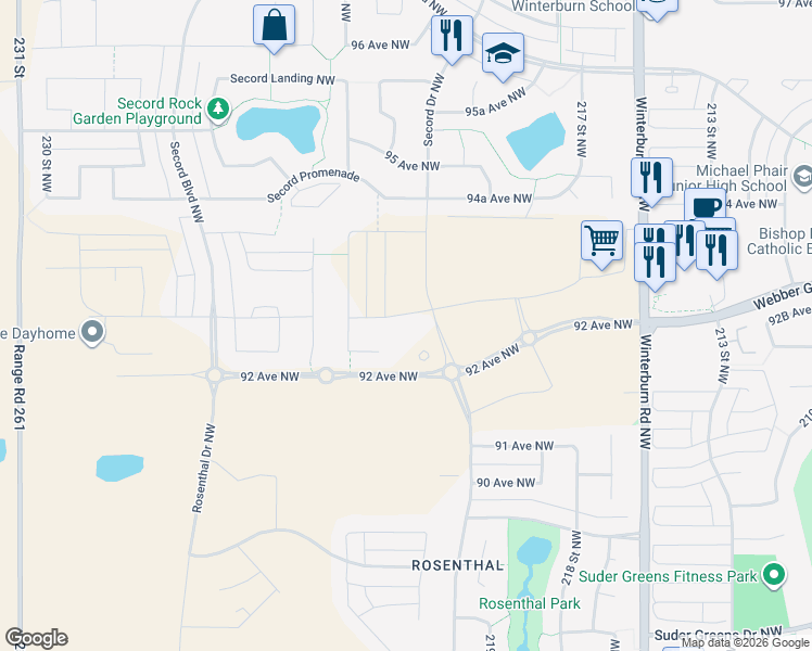 map of restaurants, bars, coffee shops, grocery stores, and more near 22103 93 Avenue Northwest in Edmonton