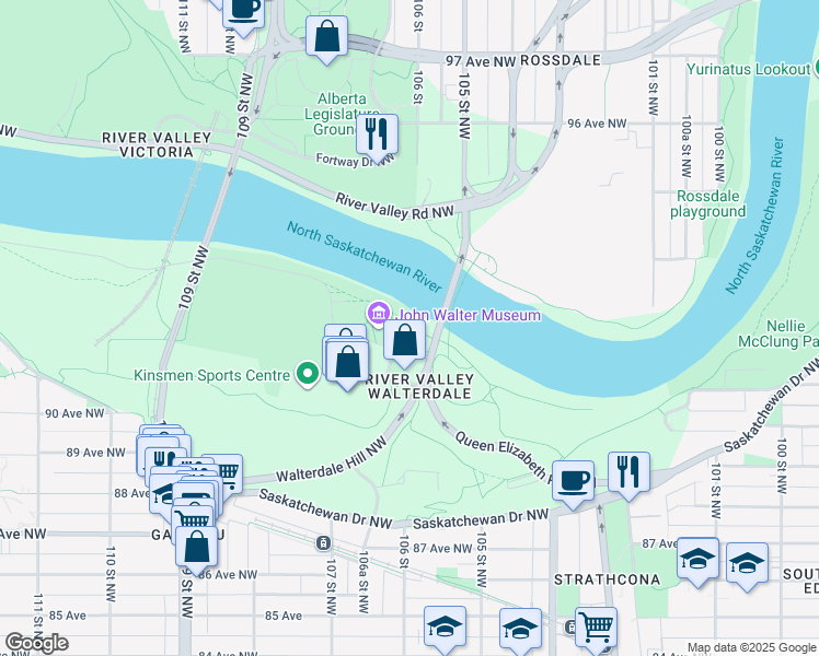 map of restaurants, bars, coffee shops, grocery stores, and more near 9180 Walterdale Hill NW in Edmonton