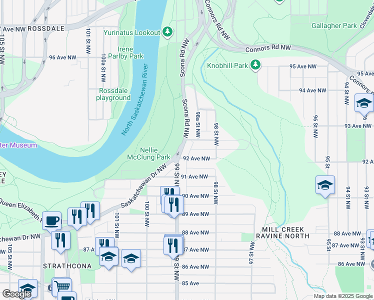 map of restaurants, bars, coffee shops, grocery stores, and more near 9205 99 Street Northwest in Edmonton