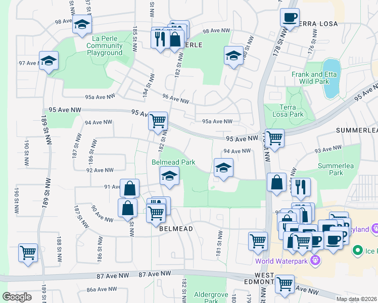 map of restaurants, bars, coffee shops, grocery stores, and more near 18160 93 Avenue Northwest in Edmonton