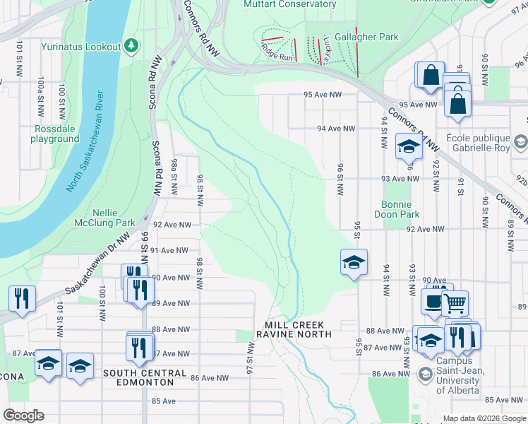 map of restaurants, bars, coffee shops, grocery stores, and more near 9213 97 Street Northwest in Edmonton