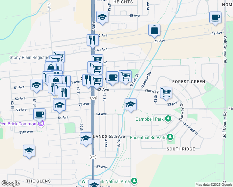 map of restaurants, bars, coffee shops, grocery stores, and more near 4612 52 Avenue in Stony Plain