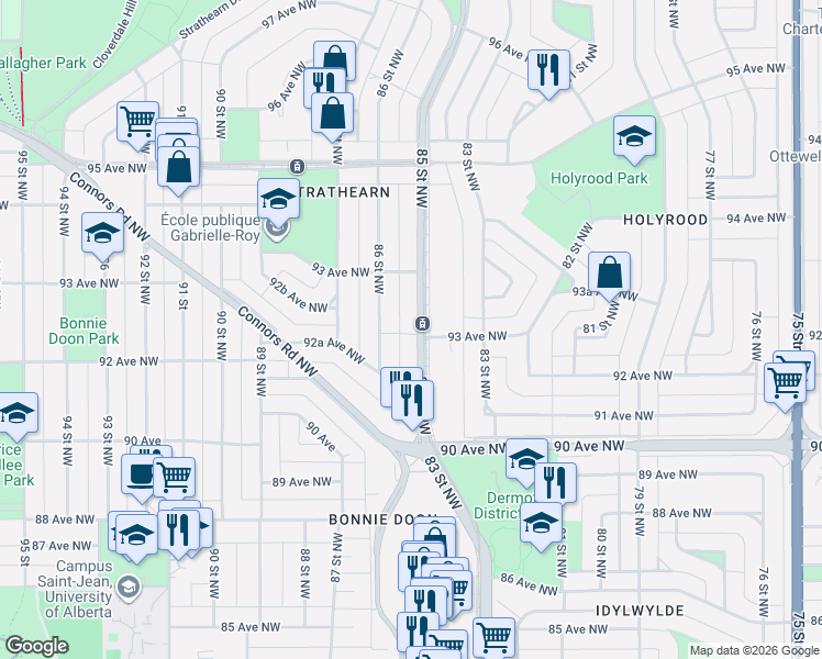 map of restaurants, bars, coffee shops, grocery stores, and more near 9233 86 Street Northwest in Edmonton