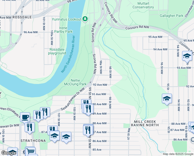 map of restaurants, bars, coffee shops, grocery stores, and more near 9205 99 Street Northwest in Edmonton