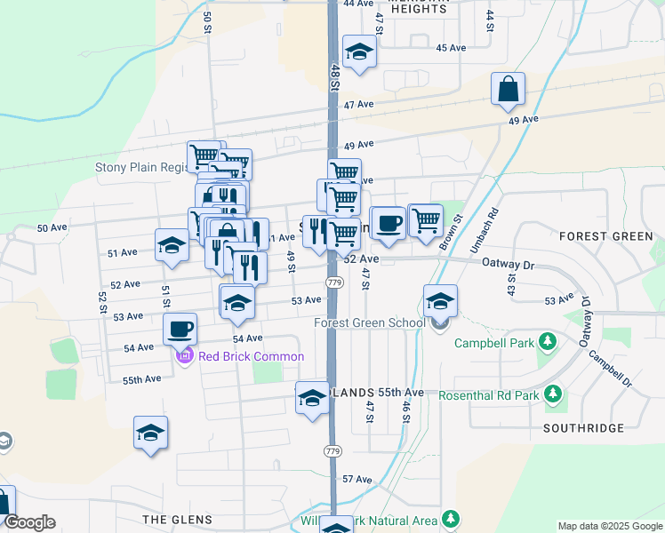 map of restaurants, bars, coffee shops, grocery stores, and more near 5210 48 Street in Stony Plain