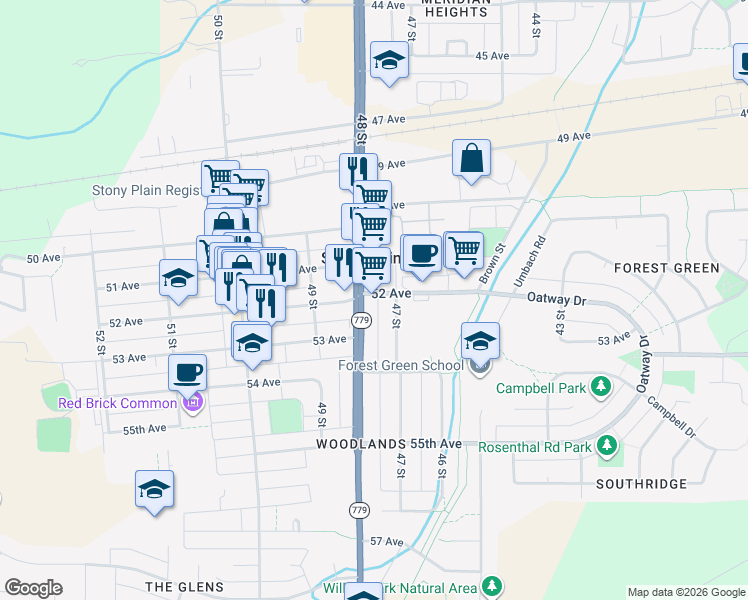 map of restaurants, bars, coffee shops, grocery stores, and more near in Stony Plain
