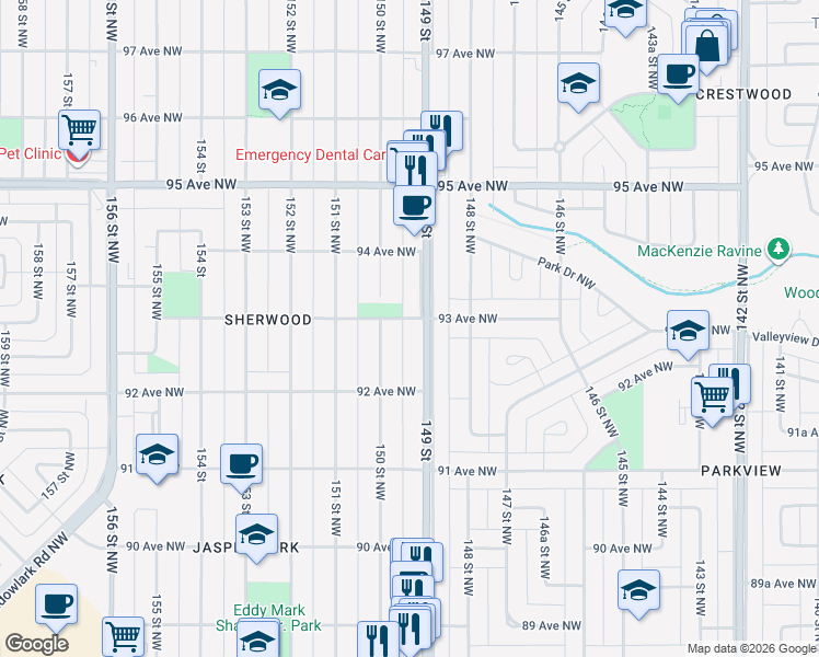map of restaurants, bars, coffee shops, grocery stores, and more near 14903 93 Avenue Northwest in Edmonton