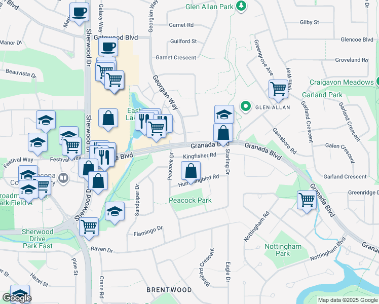 map of restaurants, bars, coffee shops, grocery stores, and more near 12 Kingfisher Road in Sherwood Park