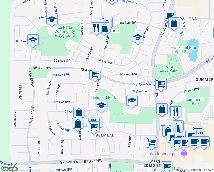 map of restaurants, bars, coffee shops, grocery stores, and more near 18170 95 Avenue Northwest in Edmonton