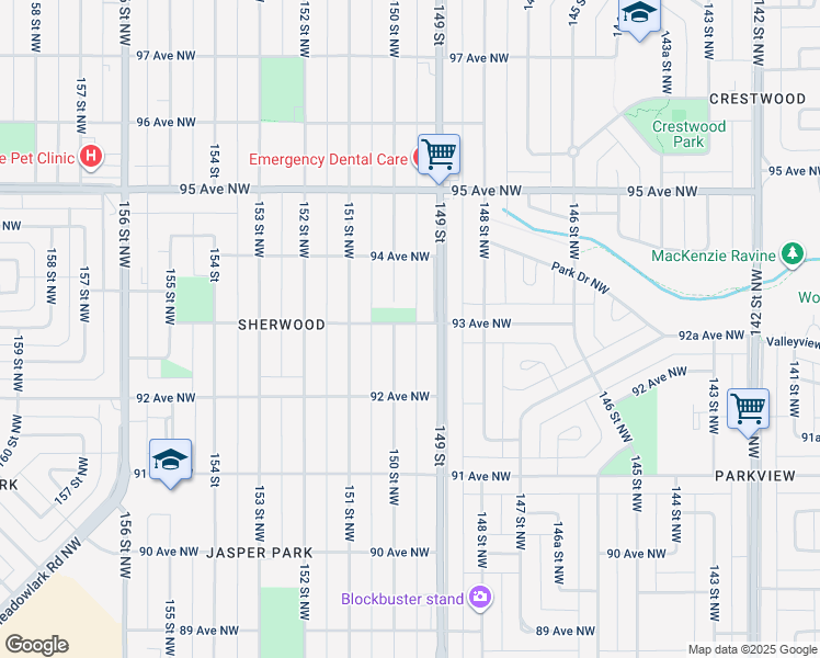 map of restaurants, bars, coffee shops, grocery stores, and more near 9320 149 Street Northwest in Edmonton