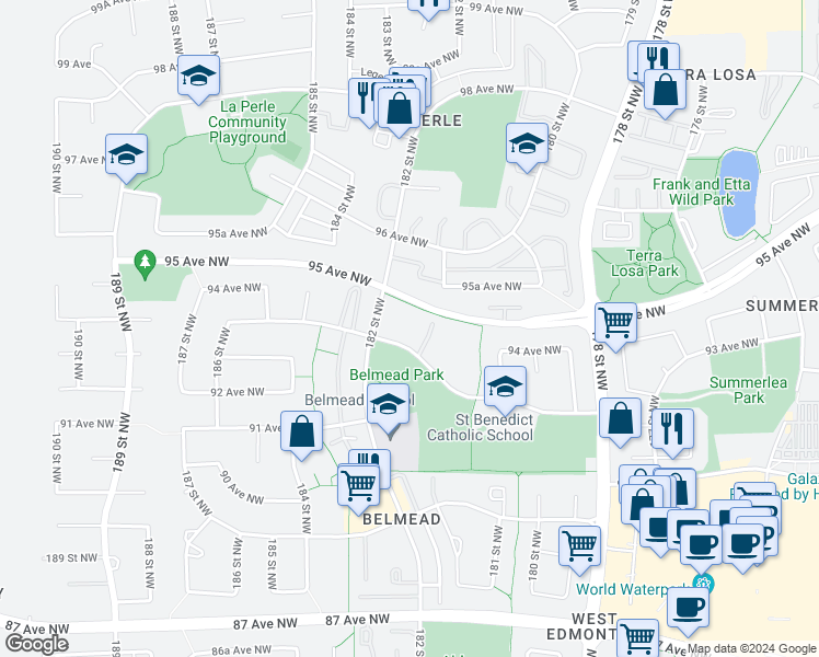 map of restaurants, bars, coffee shops, grocery stores, and more near 18170 95 Avenue Northwest in Edmonton